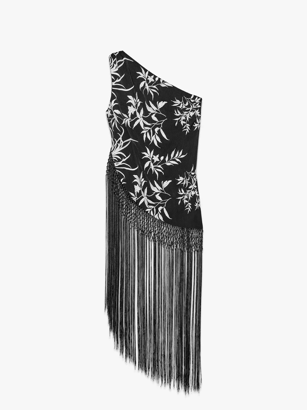 Zara Black One-Shoulder Floral Dress with Long Fringe Asymmetrical Top